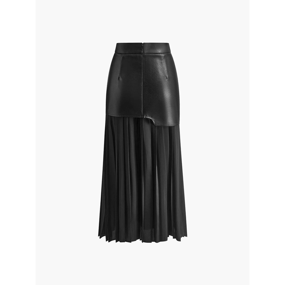 COMMENSE Black Faux Leather Chiffon Pleated Asymmetric Maxi Skirt US 8-10 L NWT - Picture 7 of 12